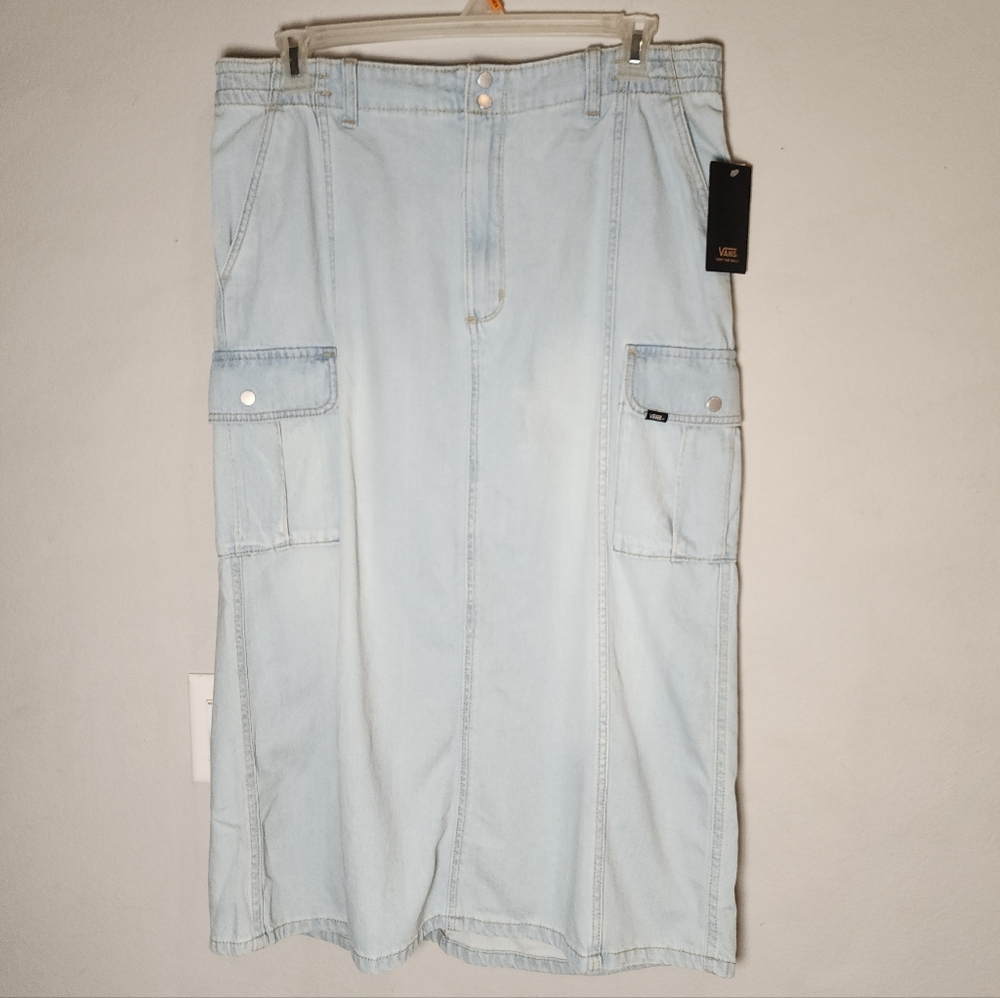 NWT Vans Sidewalk Lightwash Denim Cargo Maxi‎ Skirt Side Slit Stretch Waist XL